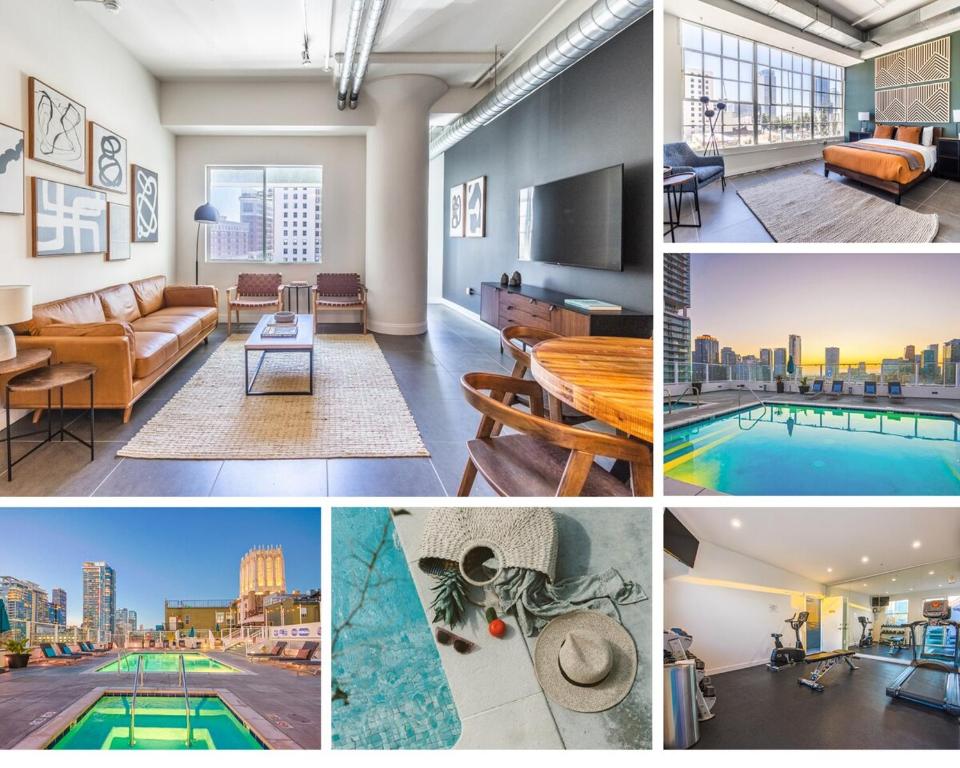 a collage of photos of a hotel room with a pool at DTLA 2BR Rooftop Jacuzzi & Sunset Views in Los Angeles