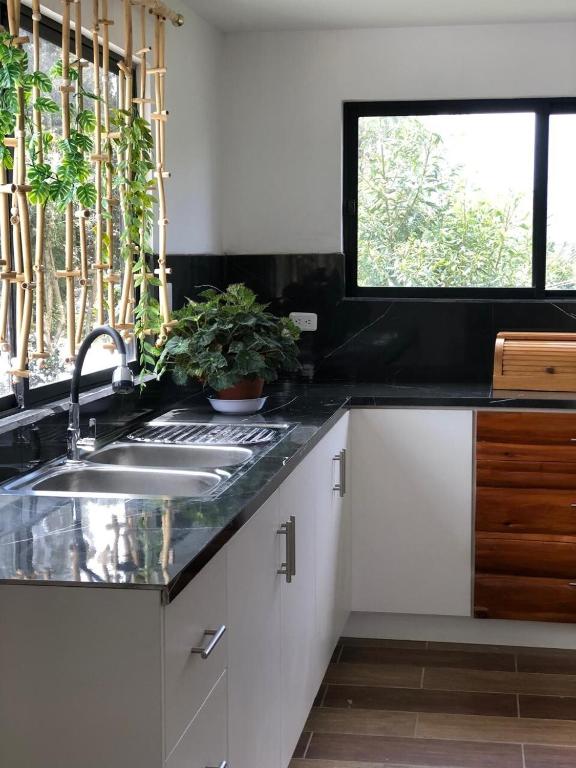 uma cozinha com um lavatório e uma janela em Rincon Arrayán em Otavalo