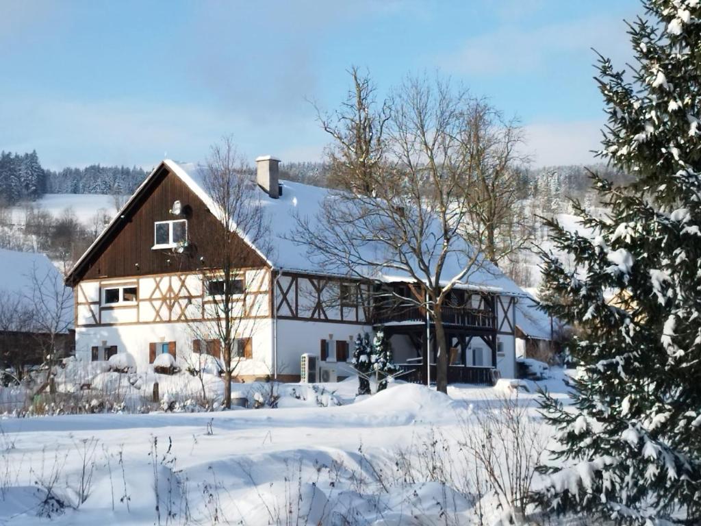 a house covered in snow in a yard at Agroturystyka u Bartka in Kamienna Góra