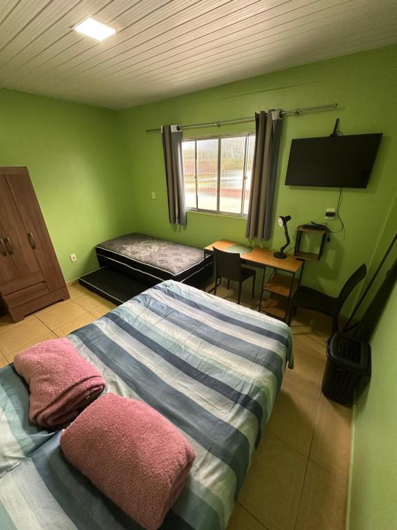 a bedroom with green walls and a bed with pink pillows at Apto Natureza Verde Manauara II in Manaus