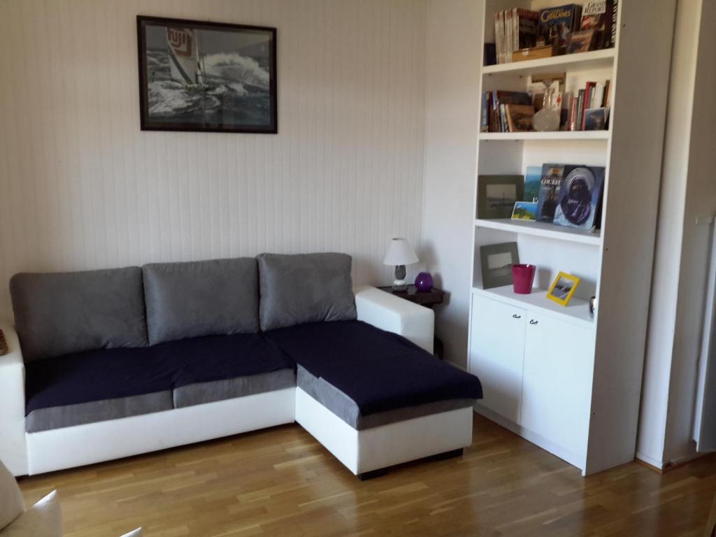 un salon avec un canapé et une étagère dans l'établissement Rue sebastien spacious apartment close beach, à Banyuls-sur-Mer