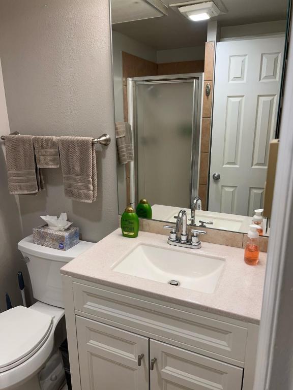 a bathroom with a sink and a toilet and a mirror at Renovated condo steps from Beaver Creek shuttle in Avon