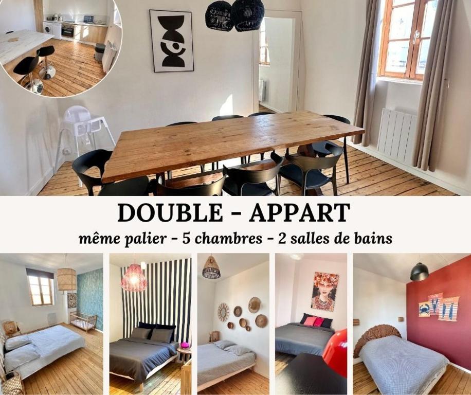 un collage de photos d'une pièce avec une table dans l'établissement Double appartement jusqu'à 14 personnes en hypercentre de Berck-Plage, à Berck-sur-Mer