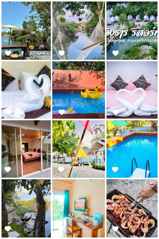 a collage of photos of a resort with a pool at Ingtarn Ressort At thasala อิงธารรีสอร์ท ท่าศาลา in Ban Nai Thung