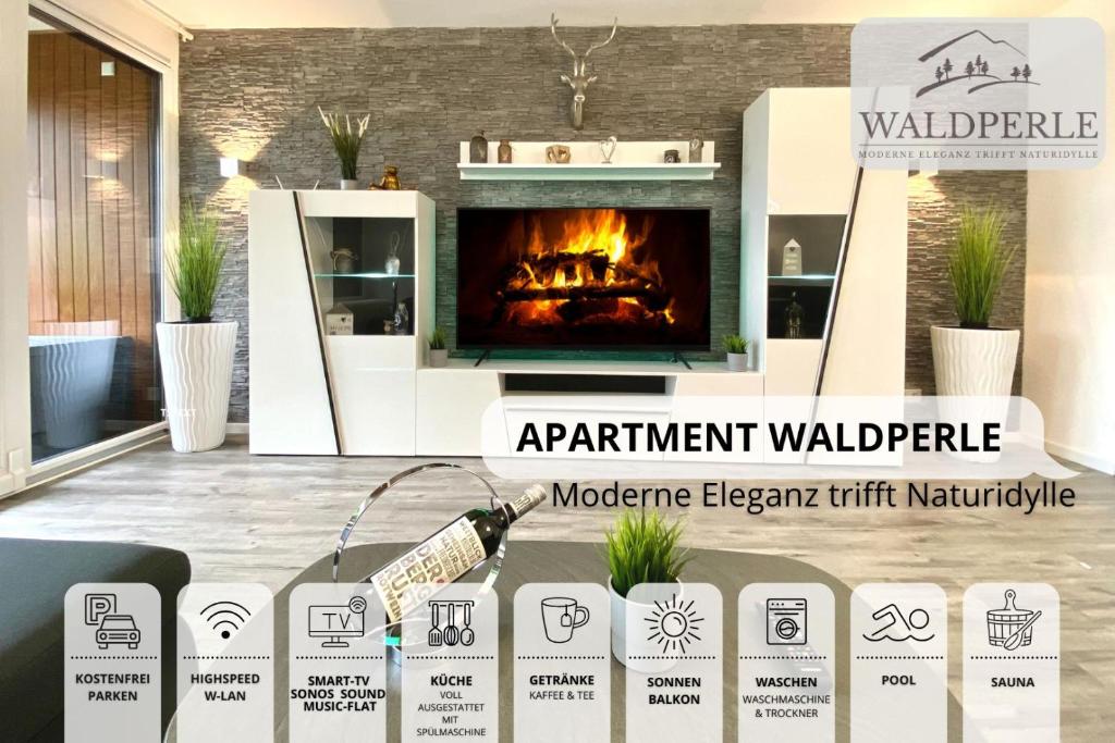 a display of a fireplace in a living room at Exklusives 5-Sterne Apartment Waldperle mit Indoor-Pool, Sauna, top Lage und Ausblick in die Natur, Hunde willkommen in Schonach