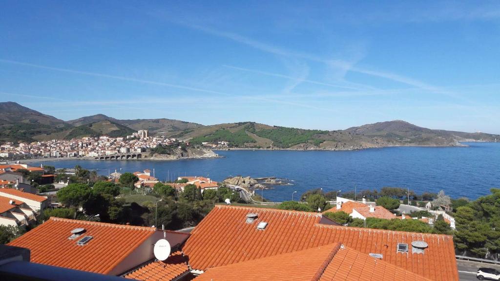 - une vue sur la ville avec ses toits d'orangers et l'océan dans l'établissement Appart 2 pièces 4 couchages BANYULS SUR MER BN120-2201, à Banyuls-sur-Mer