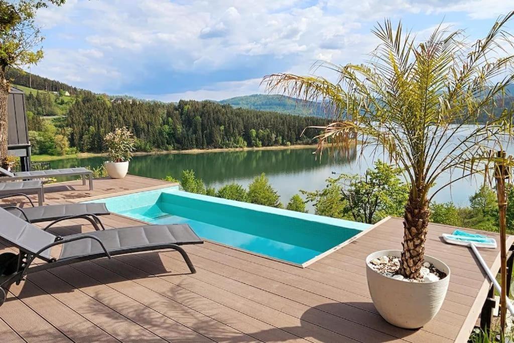 a house with a pool and a view of a lake at Moon Lake Bicaz - Casa Oia in Buhalniţa