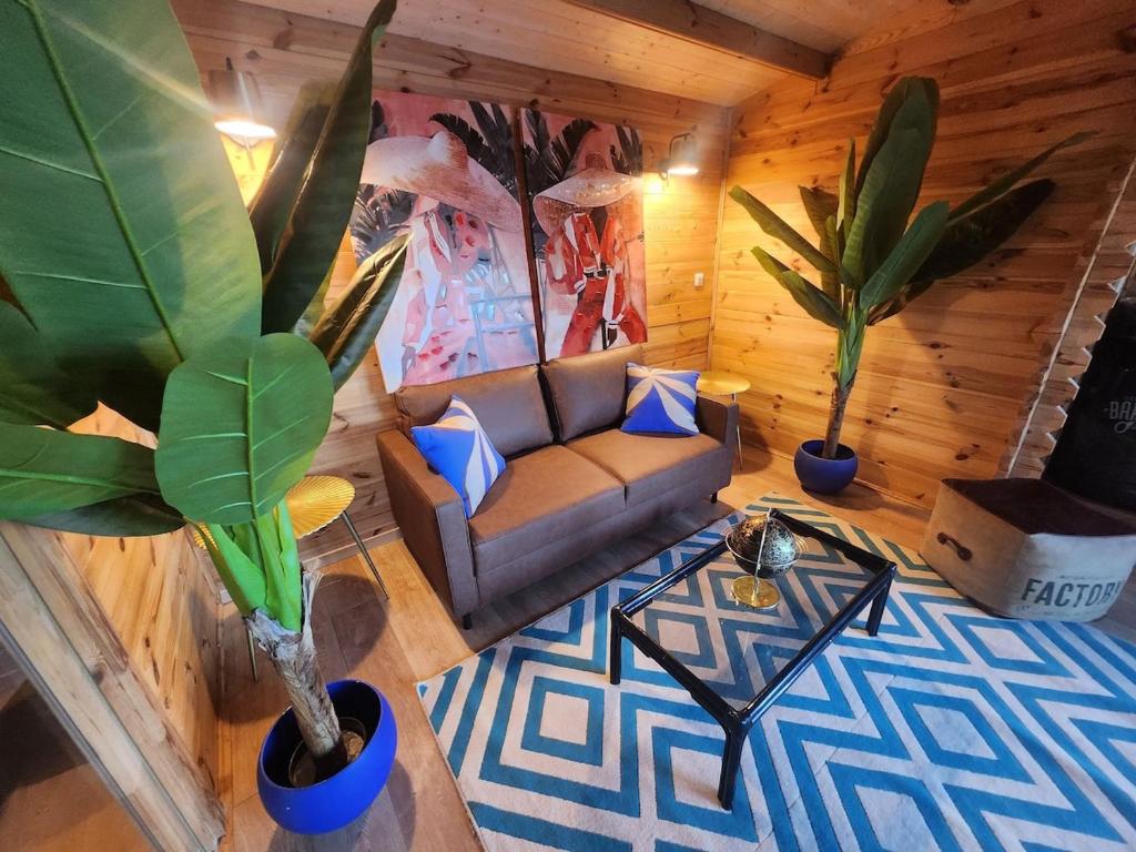 a living room with a couch and two potted plants at Crique privée in Conca