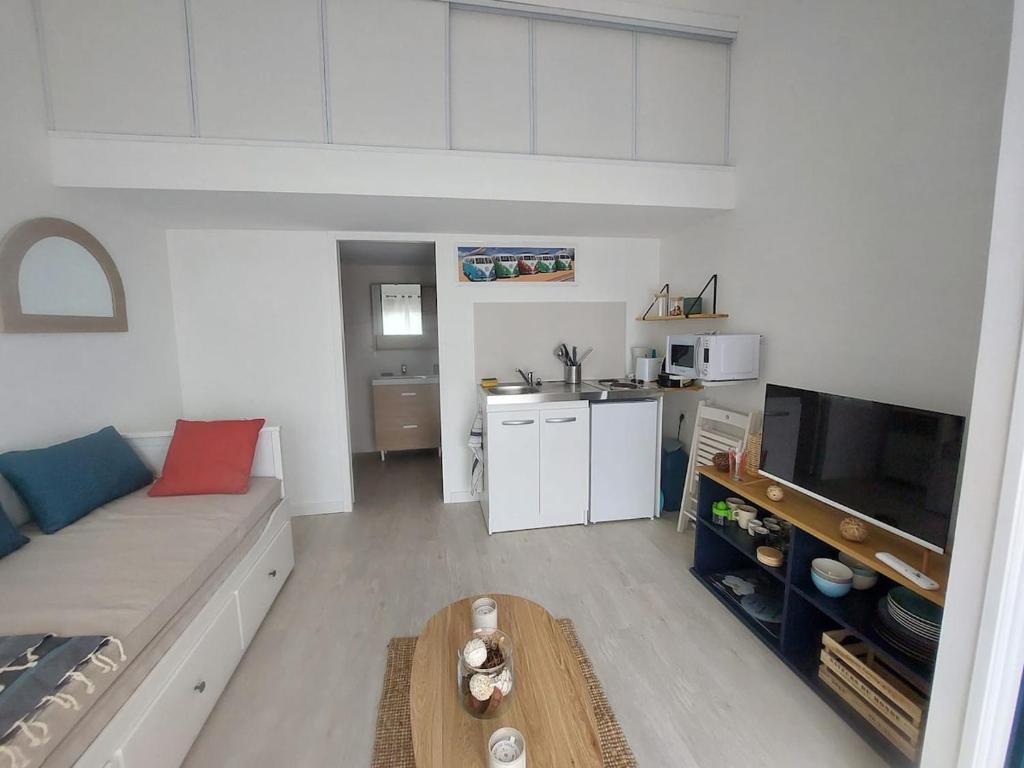 un salon avec un canapé et une cuisine dans l'établissement Studio 25m2, à LʼIsle-sur-la-Sorgue