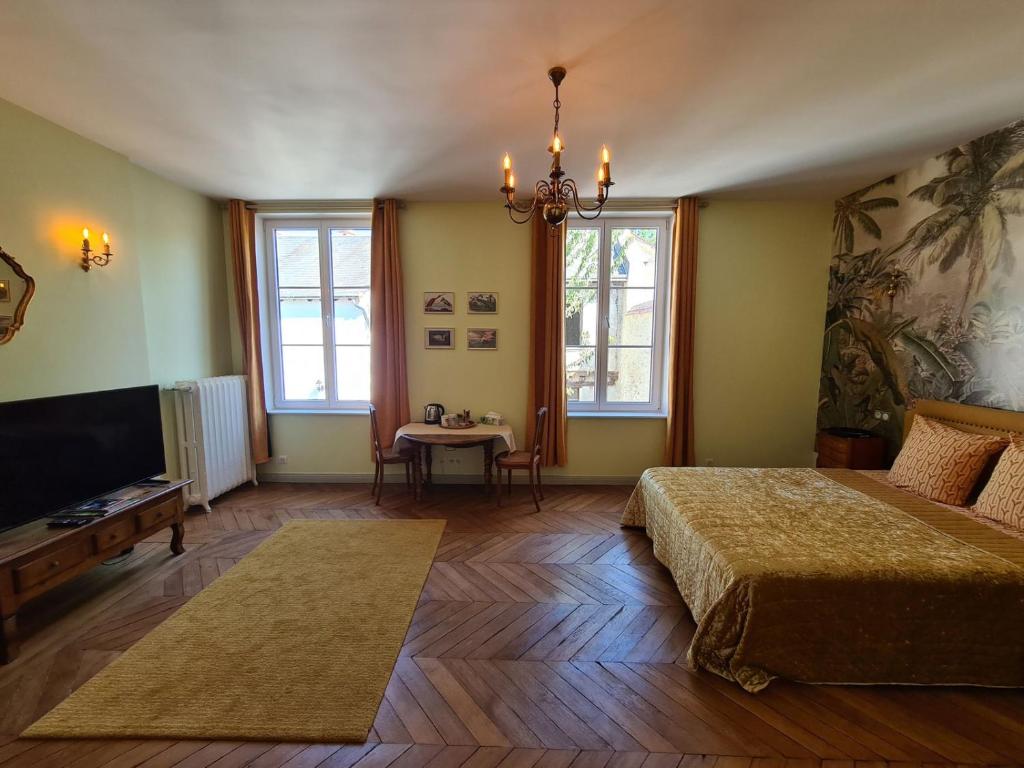 ein Schlafzimmer mit einem Bett und einem Flachbildfernseher in der Unterkunft Maison Bourgeoise classée 3 étoiles à 100 m des Bords de Loire avec parkings privés in Orléans
