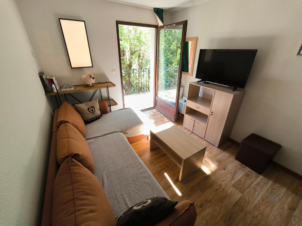 un salon avec un canapé et une télévision à écran plat dans l'établissement Les Jardins de Ramel -appart.T2, à Luchon