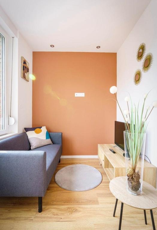 un salon avec un canapé et une table dans l'établissement Appartement Royal séjour, Parking gratuit, à Saint-Quentin