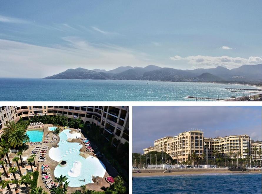 - deux photos d'un complexe avec piscine et océan dans l'établissement Cannes 3P Appt 3P Front de Mer Terrasse Piscine VUE MER, à Cannes