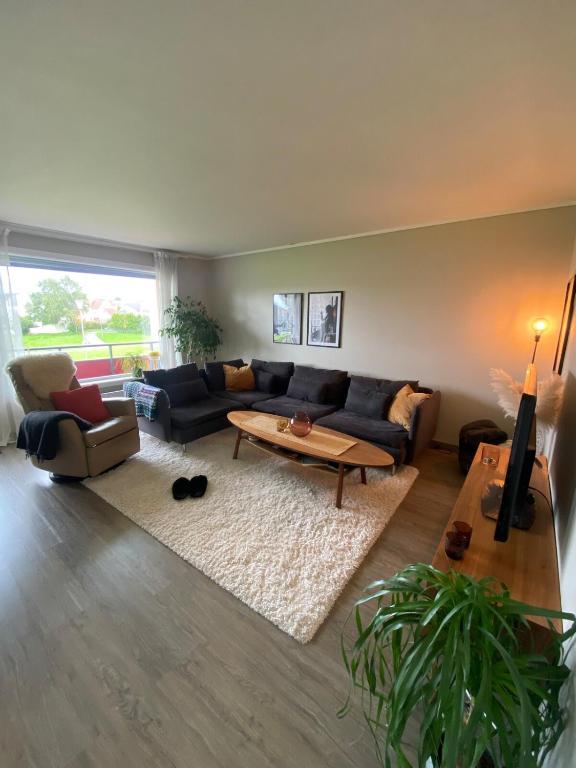 a living room with a couch and a table at Sentral og koselig leilighet in Haugesund