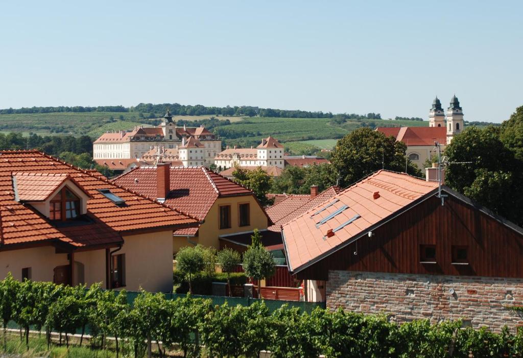 a group of houses with red roofs and vines at Apartmán Na Sluneční Valtice in Valtice