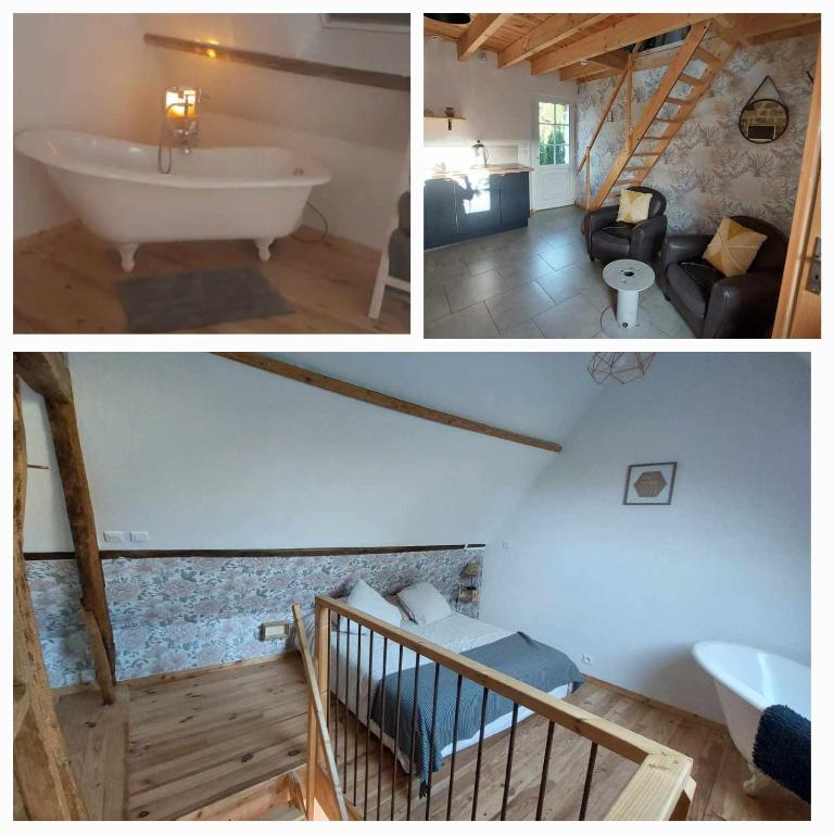 - deux photos d'une salle de bains avec baignoire et d'une chambre dans l'établissement Le nid douillet, à Offrethun
