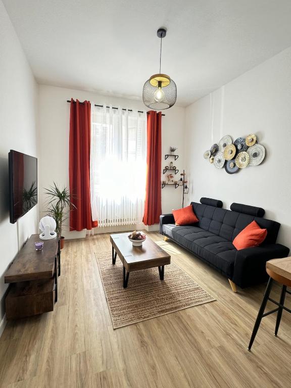 un salon avec un canapé noir et une table dans l'établissement Cosy & Design, à Lyon