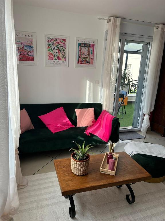 - un salon avec un canapé vert et des oreillers roses dans l'établissement Appartement le Beauséjour, à Arnouville-lès-Gonesse