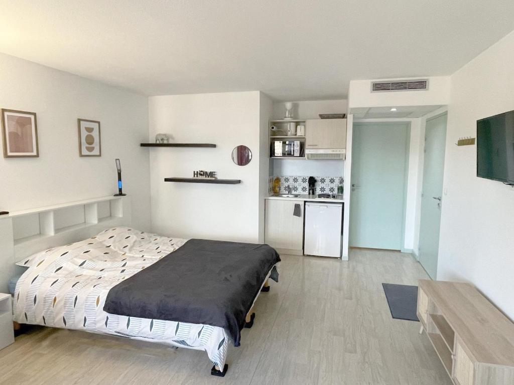 ルルドにあるStudio near train station and sanctuaryの大きなベッドとキッチンのある寝室