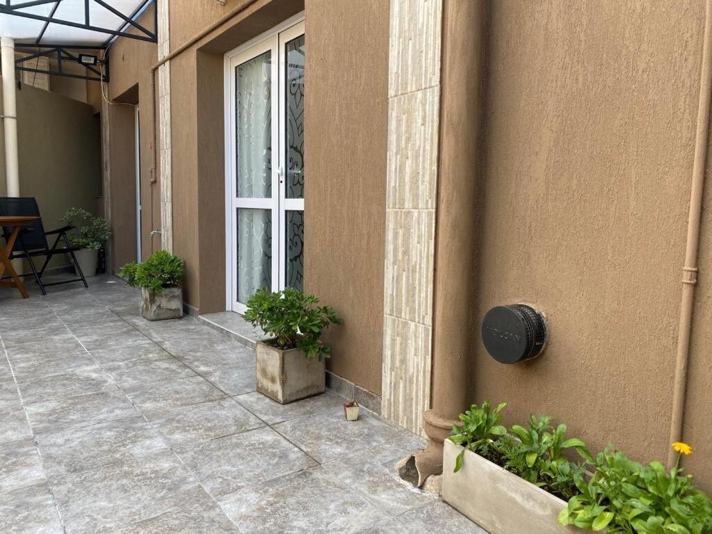 een patio met potplanten aan de zijkant van een gebouw bij Loft Avis in San Luis