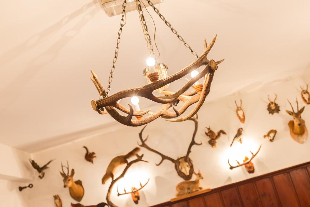 a chandelier hanging from a ceiling with antlers at Hotel Krizman in Monrupino