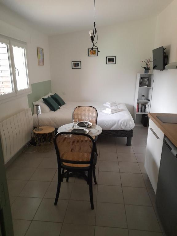 un salon avec un lit, une table et des chaises dans l'établissement Studio Cosy 15 m2 au fond du jardin, à Châlons-en-Champagne