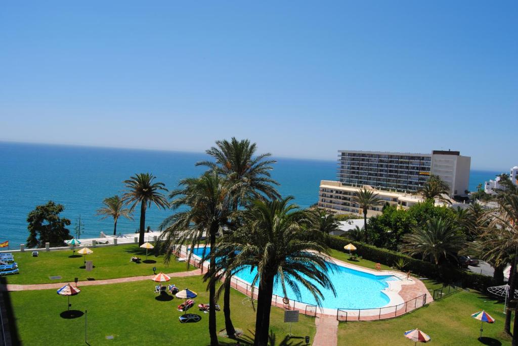 Blick auf einen Pool mit Palmen und das Meer in der Unterkunft Apartamentos La Roca Rentals in Torremolinos
