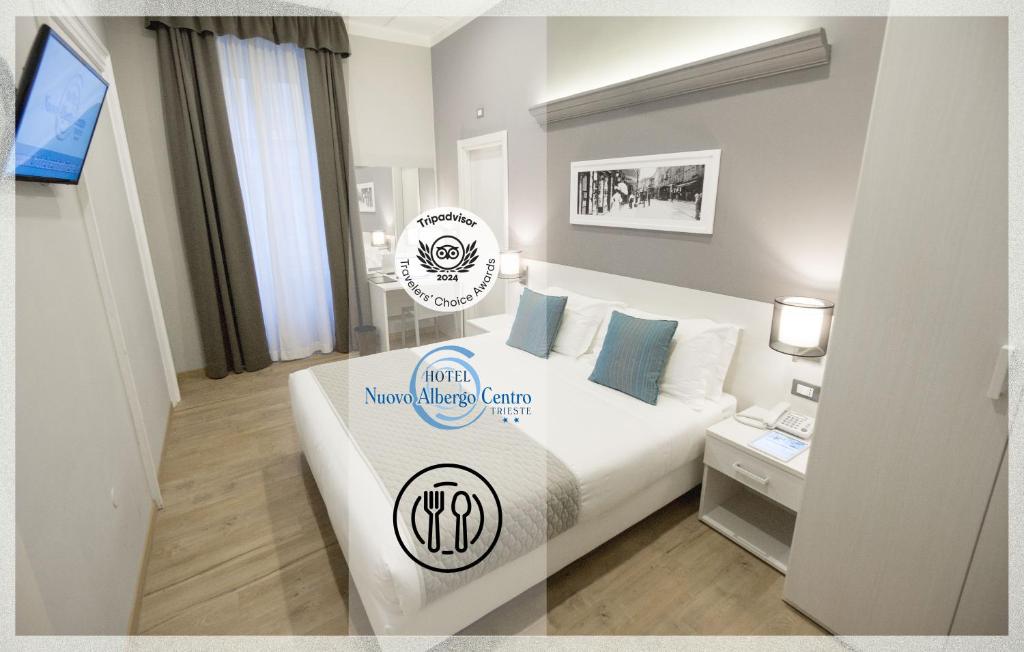 a hotel room with a bed with a sign on it at Nuovo Albergo Centro in Trieste