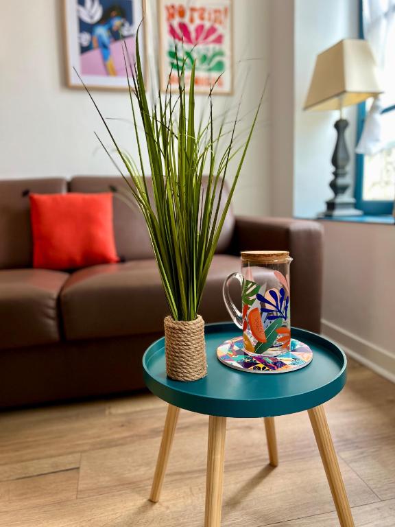 une table basse avec une assiette et une plante dessus dans l'établissement Loc'Ouest 17, à La Rochelle