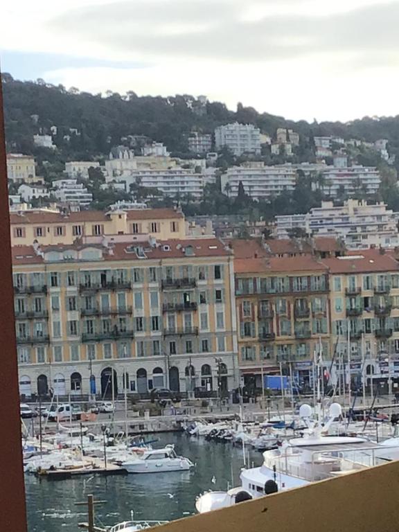 une vue d'un port avec des bateaux dans l'eau dans l'établissement Nice port quartier antiquaire, à Nice