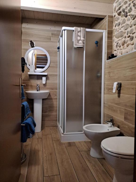 un bagno con doccia, WC e lavandino di B&B La Piazzetta a Goito