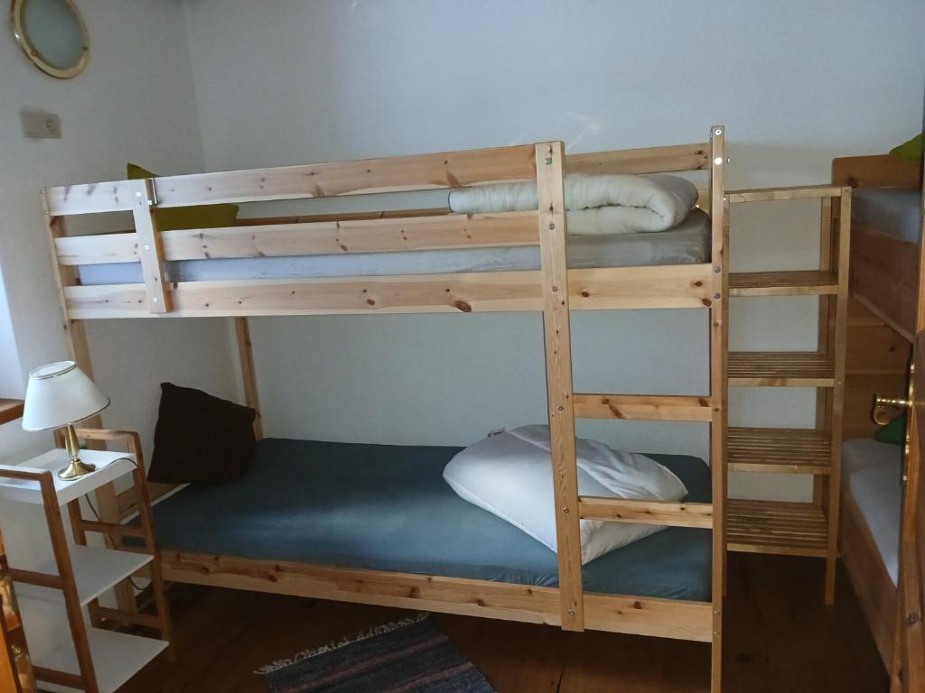 um beliche com uma escada e travesseiros em cima em Permadieshof L em Sankt Leonhard im Pitztal