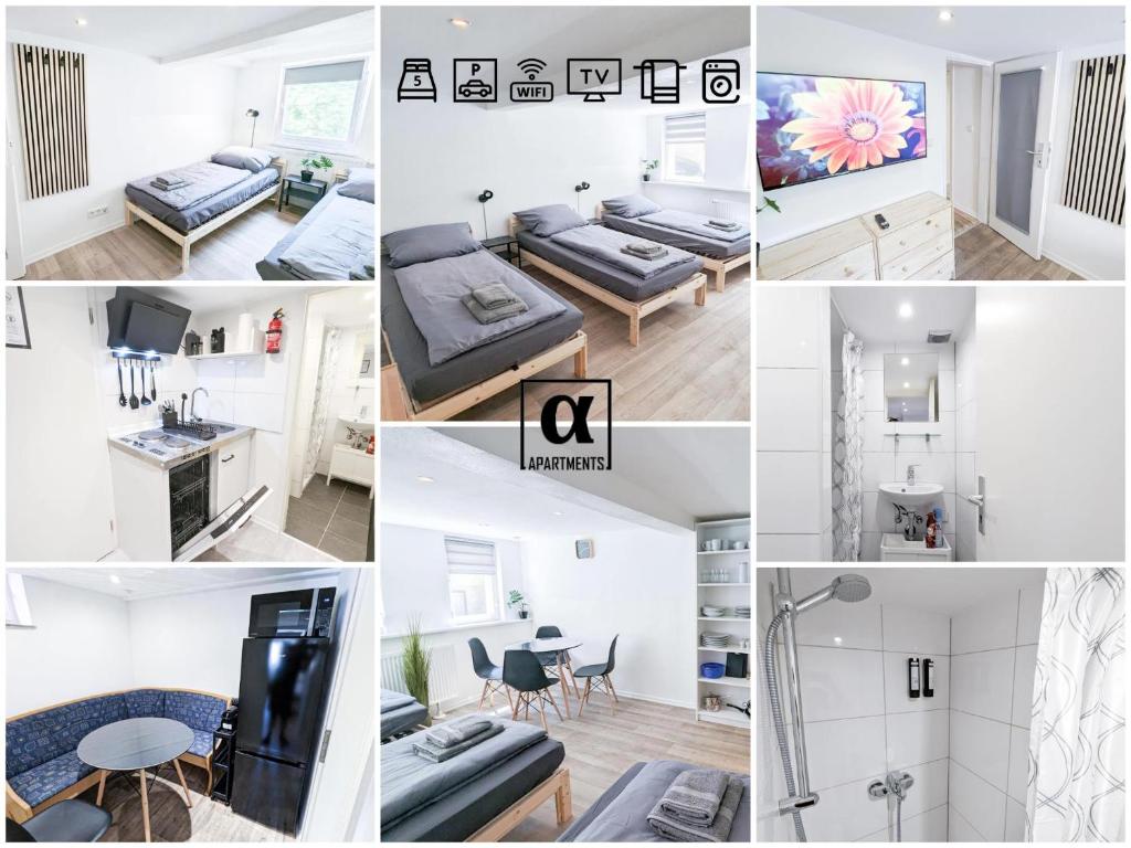 a collage of photos of a bedroom and a living room at ALFA Ludwigsburg City Apartment 3 Zimmer für 5 Personen l Parkplatz l Bad I Küche l WIFI & SmartTV l Parking l Bathroom l Kitchen in Ludwigsburg