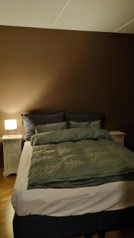 1 cama en un dormitorio con una pared marrón en Ronjas hjem, en Tromsø