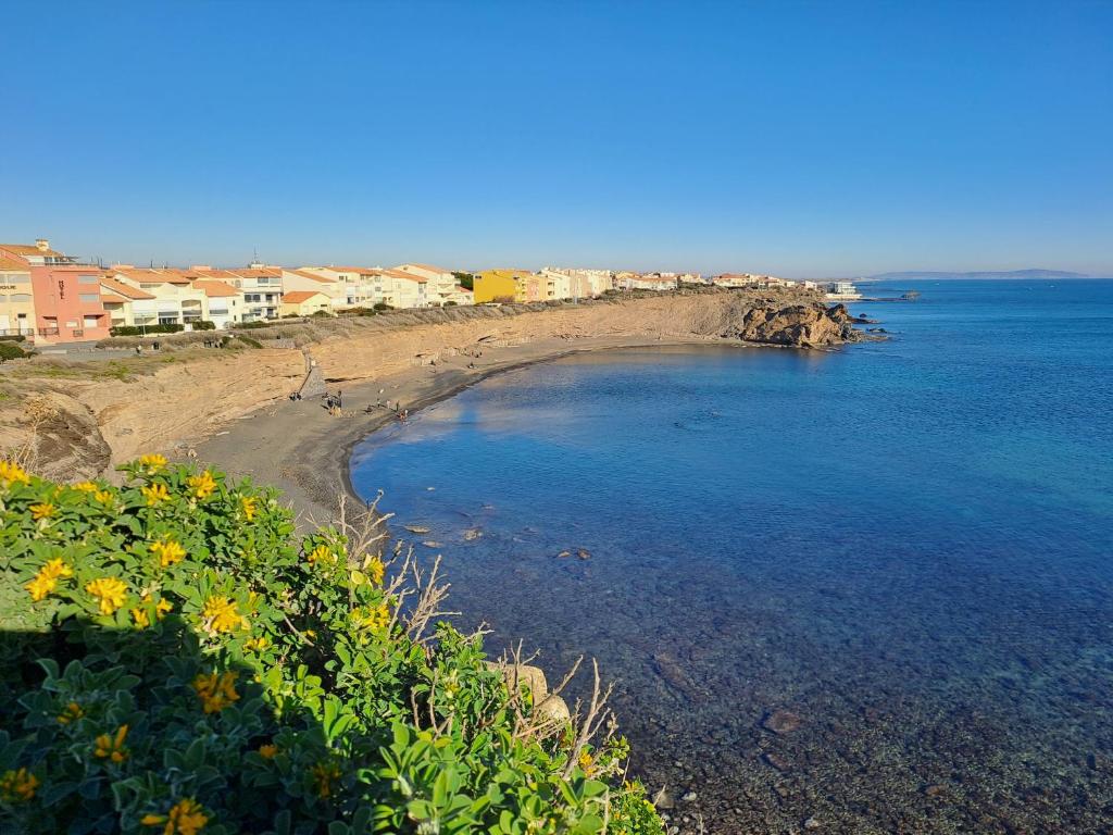 - une vue sur la plage fleurie et l'océan dans l'établissement Studio du Fortin, au Cap d'Agde