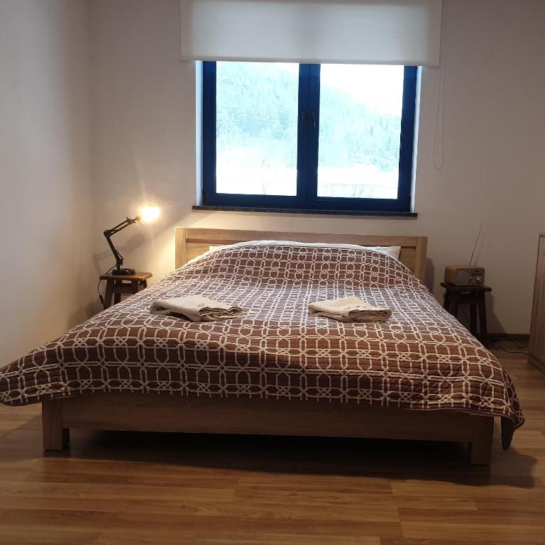 a bed in a bedroom with a window at Go2Krynica - Zielony PitStop in Krynica Zdrój