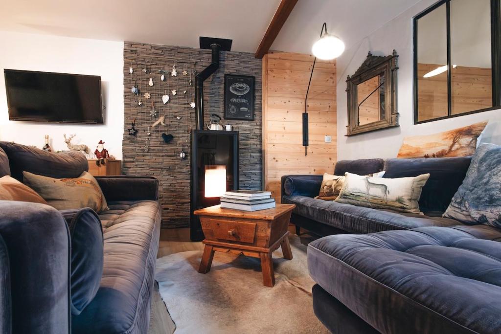 un salon avec deux canapés et une télévision dans l'établissement Design flat-center of Samoëns, à Samoëns