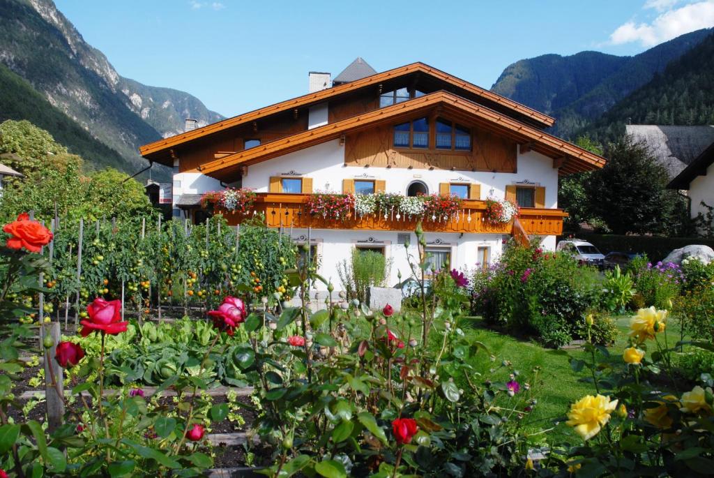 a house with a flower garden in front of it at Zur Brücke in Mittewald - Your home in heart of South Tyrol, with Brixencard and free parking, ideal starting point for unforgettable excursions and outdoor adventures in Fortezza