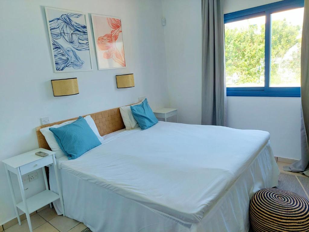 a bedroom with a large white bed with blue pillows at Azzurro Holiday Villas in Peyia