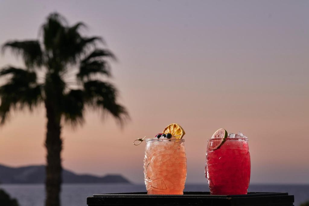 two cocktails sitting on a table with a palm tree at TUI Magic Life Candia Maris - Adults Only in Amoudara Herakliou
