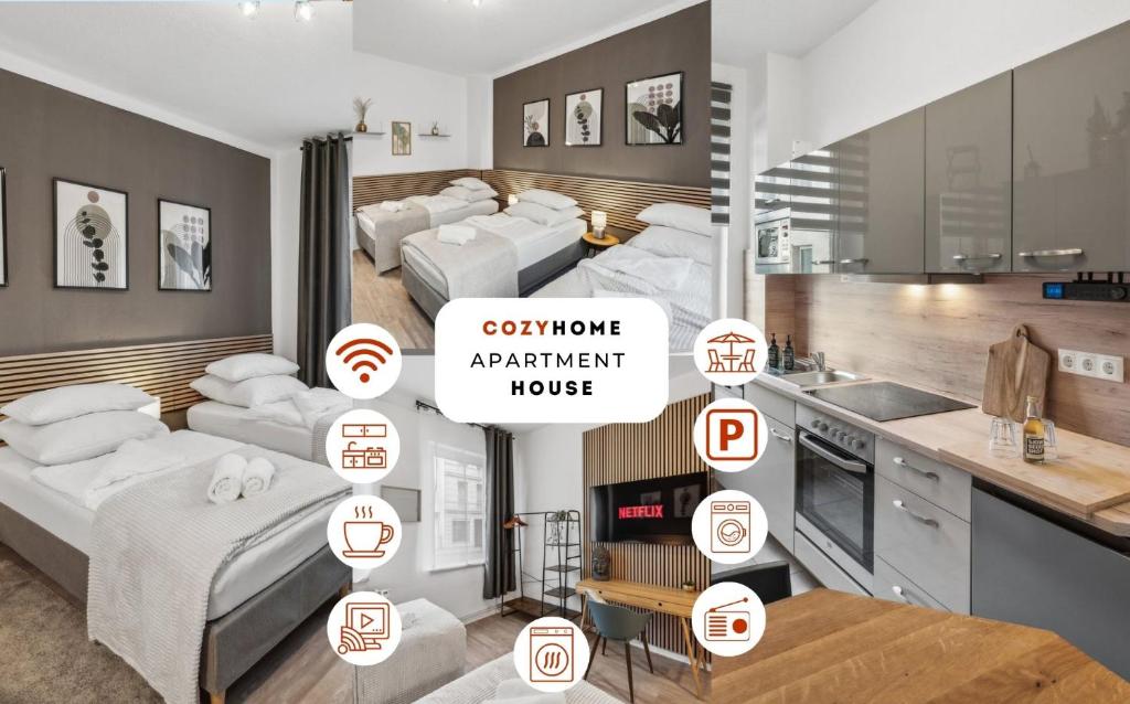 マクデブルクにあるCozyHome Apartment Houseのベッド2台付きの部屋、アパートメントのアイコン付きのキッチンが備わります。