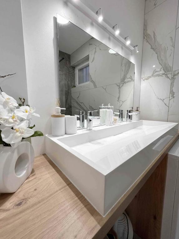 une salle de bain blanche avec un lavabo et un miroir dans l'établissement Compans - Calme, à Toulouse
