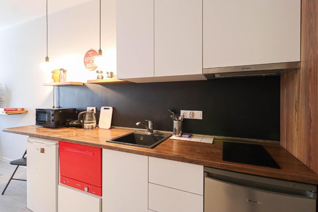 Kuchyň nebo kuchyňský kout v ubytování Super Bright&Stylish Apartment In Gudauri