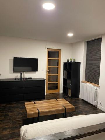 un salon avec une télévision et une table basse dans l'établissement Grand studio atypique, à Courbevoie
