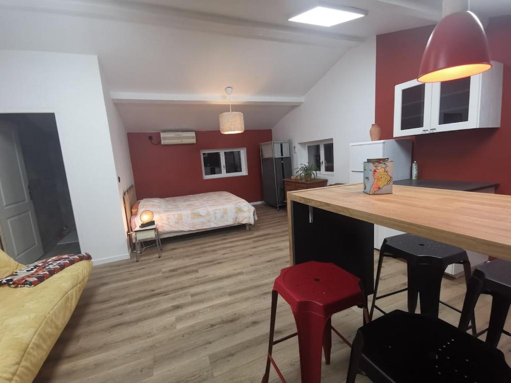 une chambre avec une cuisine et une chambre avec un lit dans l'établissement Etape magique a l'Escale, à Guilherand