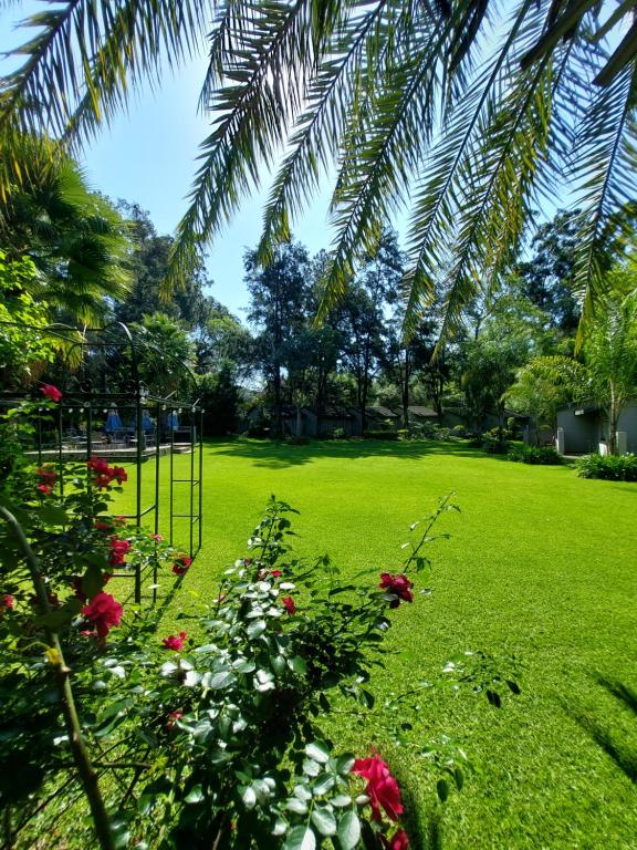 a green yard with flowers and palm trees at Wayside Lodge in Waterval Boven