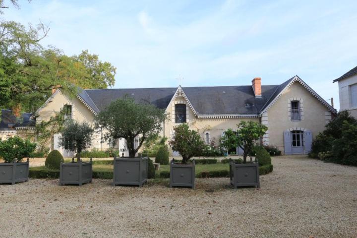une grande maison blanche avec des arbres devant dans l'établissement Domaine de la Garnauderie Gîte des Chênes, à Sainte-Maure-de-Touraine