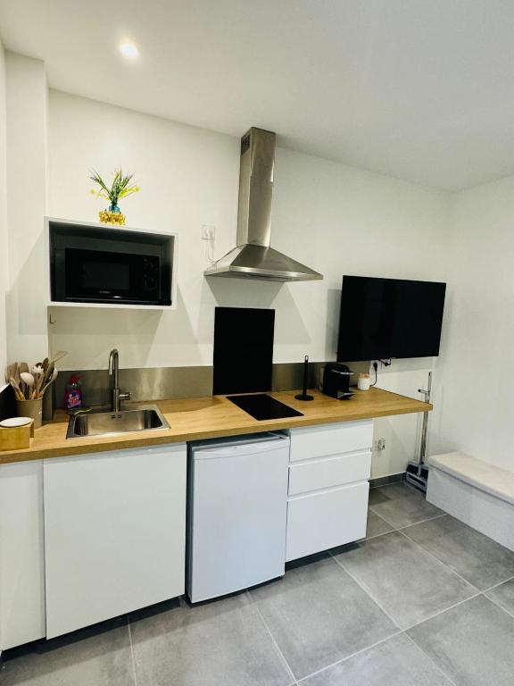 - une cuisine avec un comptoir, un évier et une cuisinière dans l'établissement Luxury Appartement, à Livry-Gargan