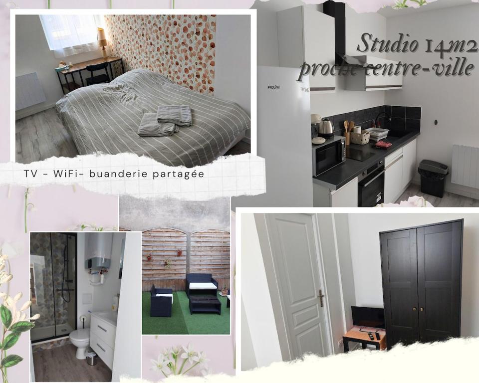 un collage de photos d'une cuisine et d'une chambre dans l'établissement Studio tout confort - TV - Wifi, à Dijon