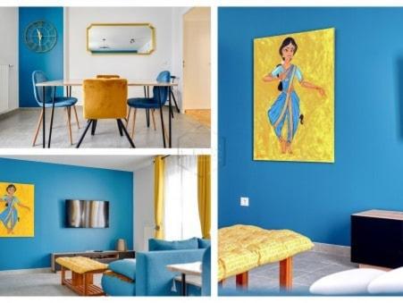 quatre photos différentes d'une pièce avec un mur bleu dans l'établissement Jasmine Apartment - Disneyland Paris, à Serris